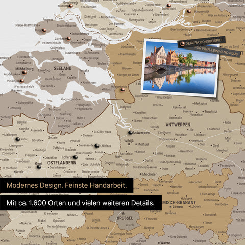 Benelux map in multicolor beige as a canvas for pinning shows a section of Zealand, East Flanders, and Antwerp with many details such as national parks, rivers, and numerous small towns and cities, some of which are marked with pins