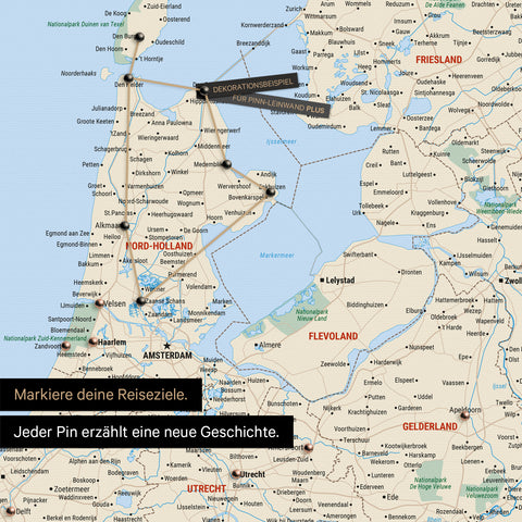 Modern Benelux map in the color Multicolor Classic as a Push Pin Map shows a section of North Holland and Utrecht, where already visited travel destinations are marked with pins