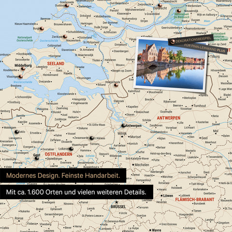 Benelux map in Multicolor Classic as a canvas for pinning shows a section of Zealand, East Flanders, and Antwerp with many details such as national parks, rivers, and numerous small towns and cities, some of which are marked with pins