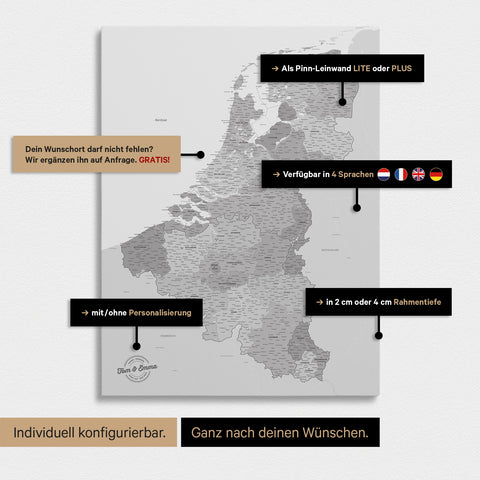Benelux Push Pin Map TRAVEL® – Multicolor Gray