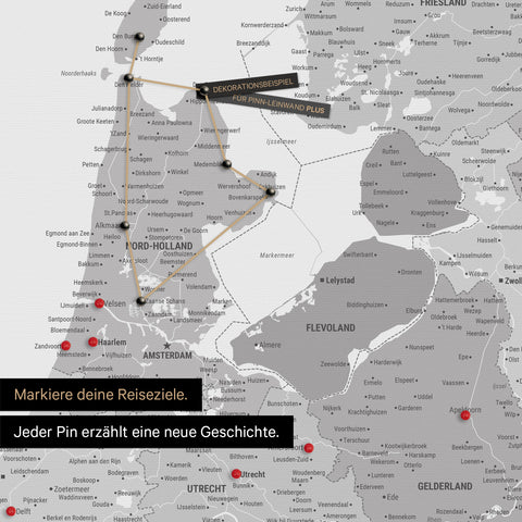 Modern Benelux map in the color multicolor gray as a Push Pin Map shows a section of North Holland and Utrecht, where already visited travel destinations are marked with pins