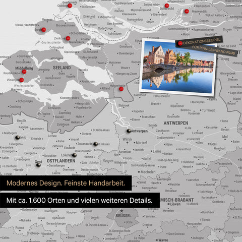 Benelux map in multicolor gray as a canvas for pinning shows a section of Zealand, East Flanders, and Antwerp with many details such as national parks, rivers, and numerous small towns and cities, some of which are marked with pins