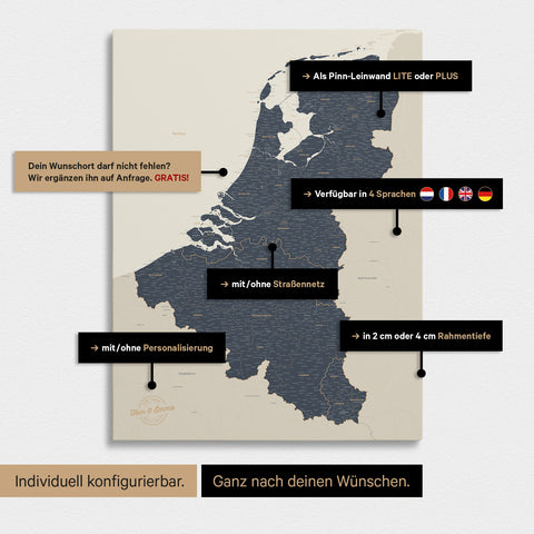 Benelux Push Pin Map TRAVEL® – Navy Light