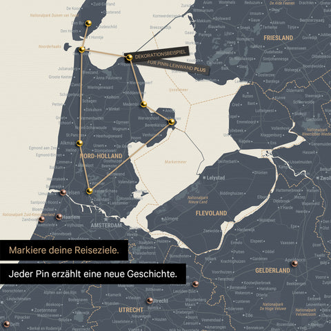 Modern Benelux map in the color Navy Light as a Push Pin Map shows a section of North Holland and Utrecht, where already visited travel destinations are marked with pins