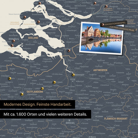 Benelux map in Navy Light as a canvas for pinning shows a section of Zealand, East Flanders, and Antwerp with many details such as national parks, rivers, and numerous small towns and cities, some of which are marked with pins