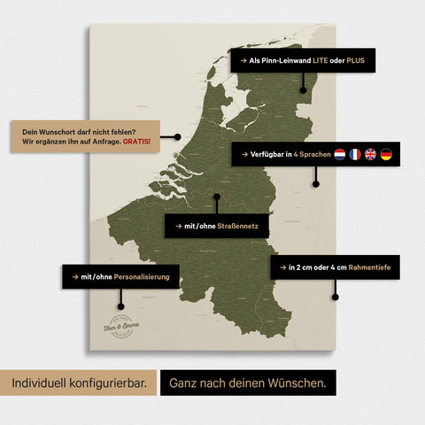 Benelux Push Pin Map TRAVEL® – Olive Green