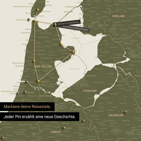 Modern Benelux map in olive green color as Push Pin Map shows a section of North Holland and Utrecht, where already visited travel destinations are marked with pins