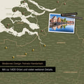 Benelux map in olive green as a canvas for pinning shows a section of Zealand, East Flanders, and Antwerp with many details such as national parks, rivers, and numerous small towns and cities, some of which are marked with pins