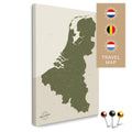 Benelux map with the Netherlands, Belgium, and Luxembourg in olive green color in a modern, minimalist design as a canvas for pinning trips and places