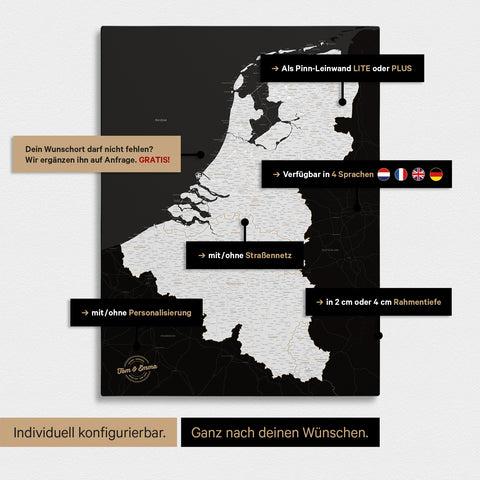 Benelux Push Pin Map TRAVEL® – Dark Black (Black and White)