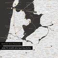 Modern Benelux map in black and white as a Push Pin Map shows a section of North Holland and Utrecht, where already visited travel destinations are marked with pins