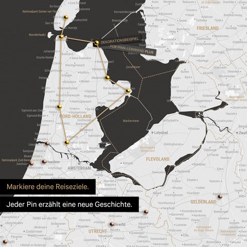 Modern Benelux map in black and white as a Push Pin Map shows a section of North Holland and Utrecht, where already visited travel destinations are marked with pins