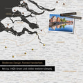 Benelux map in black and white as a canvas for pinning shows a section of Zealand, East Flanders, and Antwerp with many details such as national parks, rivers, and numerous small towns and cities, some of which are marked with pins