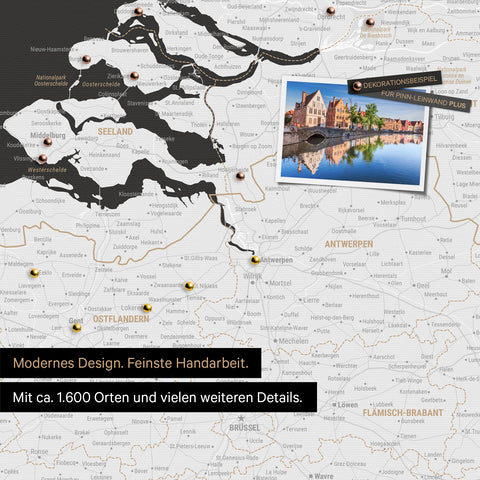 Benelux map in black and white as a canvas for pinning shows a section of Zealand, East Flanders, and Antwerp with many details such as national parks, rivers, and numerous small towns and cities, some of which are marked with pins