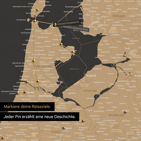 Modern Benelux map in the color Sonar Black as a Push Pin Map shows a section of North Holland and Utrecht, where already visited travel destinations are marked with pins