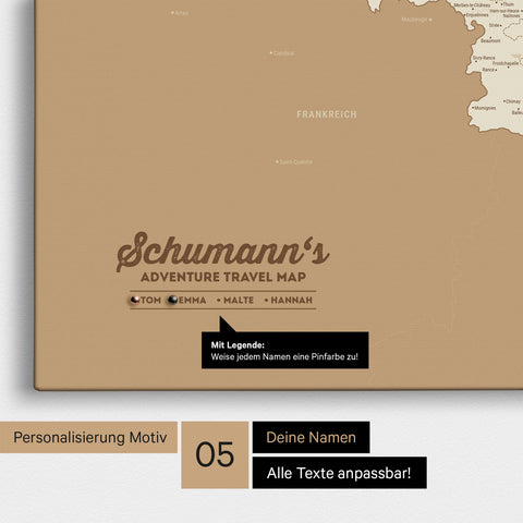 Mapa Beneluksu TRAVEL® Canvas z pinezkami – Treasure Gold