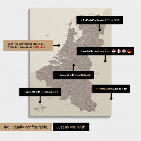 Benelux Push Pin Map TRAVEL® – Warmgray