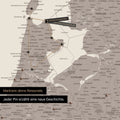 Modern Benelux map in the color Warmgray as a Push Pin Map shows a section of North Holland and Utrecht, where already visited travel destinations are marked with pins
