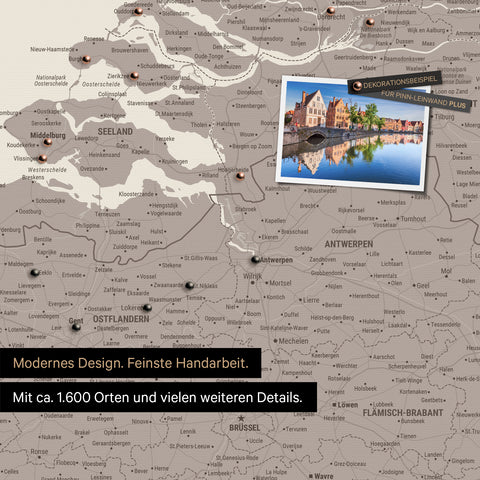 Benelux map in warm gray as a canvas for pinning shows a section of Zealand, East Flanders, and Antwerp with many details such as national parks, rivers, and numerous small towns and cities, some of which are marked with pins