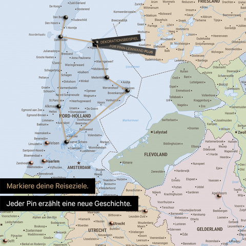 Political Benelux map as Push Pin Map shows a section of North Holland and Utrecht, where already visited travel destinations are marked with pins