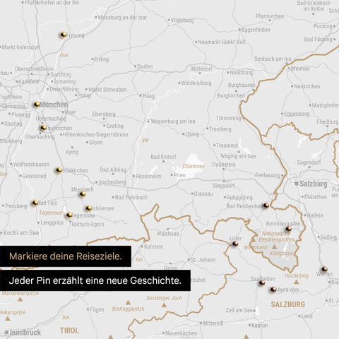 Detail einer DACH-Karte als Pinn-Leinwand in Dark Gray mit Pins in Deutschland, Österreich und Schweiz