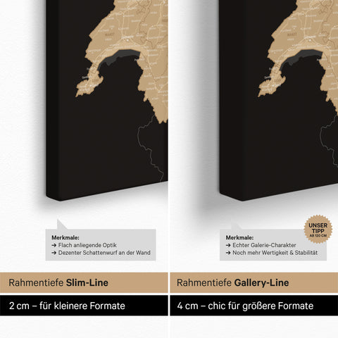 Mapa DACH TRAVEL® Canvas z pinezkami – Sonar Black (Schwarz-Gold)
