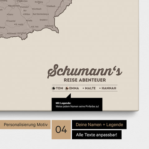 Pinnwand Leinwand einer DACH-Karte in Warmgray (Braun-Grau) mit Personalisierung als Logo mit Familiennamen