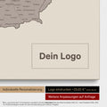 DACH-Karte als Pinn-Leinwand in Warmgray (Braun-Grau) mit Eindruck eines Firmenlogos