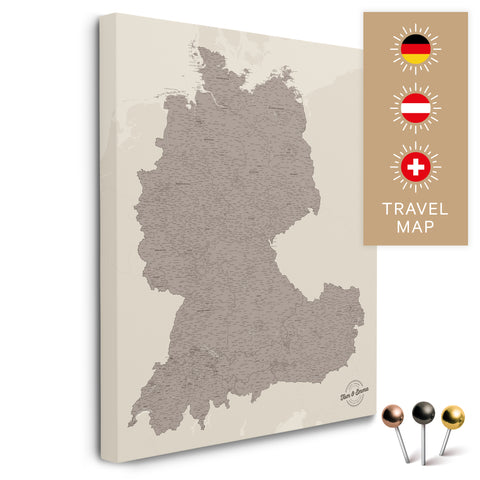 DACH-Landkarte in Warmgray (Braun-Grau) als Pinnwand Leinwand zum Pinnen und Markieren von Reisezielen kaufen
