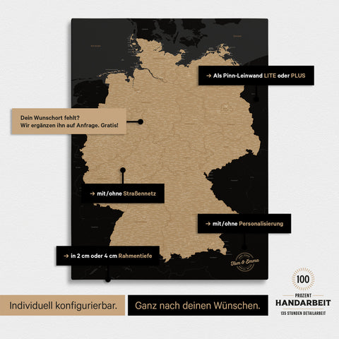Vielfältige Konfigurationsmöglichkeiten einer Deutschland-Karte als Pinn-Leinwand in Sonar Black