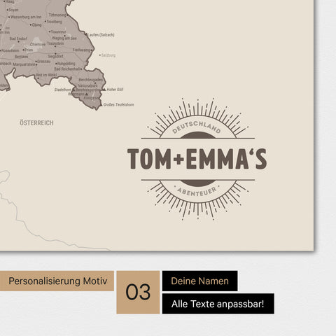 Magnetboard mit Deutschland-Karte in Warmgray mit rundem Logo als Personalisierung