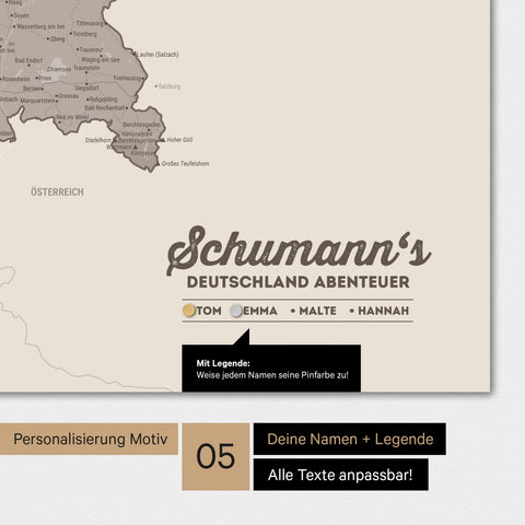 Magnetboard Deutschland-Karte in Warmgray mit Personalisierung als Logo mit Familiennamen