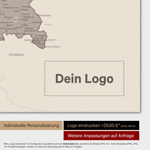 Weltkarte als Deutschland-Karte in Warmgray mit Eindruck eines Firmenlogos
