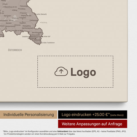 Deutschland-Karte als Pinn-Leinwand in Warmgray (Braun-Grau) mit Eindruck eines Firmenlogos