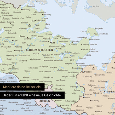 Detail einer Deutschland-Karte als Poster in Multicolor Atlas mit Pins in Schleswig-Holstein