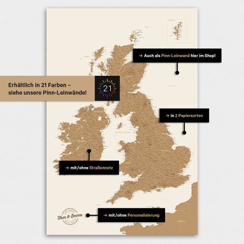 England (Great Britain) & Ireland map TRAVEL® magnetic board – in 21 colors