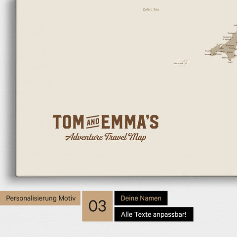 Mapa Anglii (Wielka Brytania) i Irlandii TRAVEL® Canvas z pinezkami – Pustynny piasek