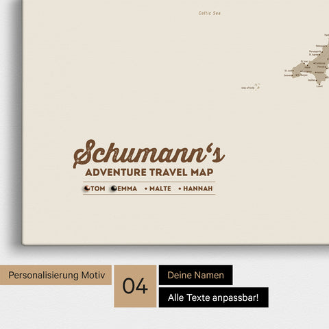 Mapa Anglii (Wielka Brytania) i Irlandii TRAVEL® Canvas z pinezkami – Pustynny piasek