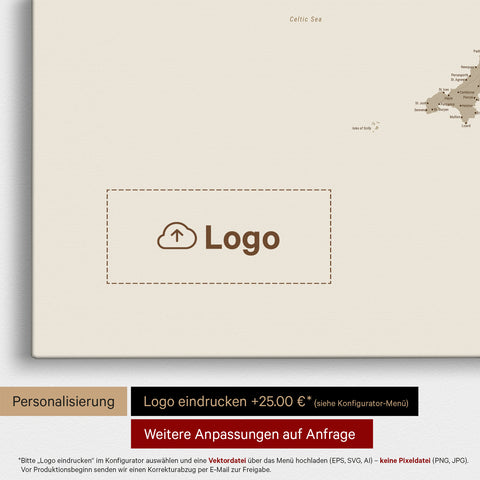 Mapa Anglii (Wielka Brytania) i Irlandii TRAVEL® Canvas z pinezkami – Pustynny piasek