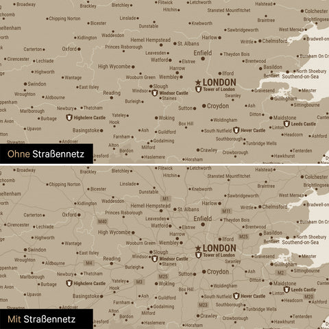 Mapa Anglii (Wielka Brytania) i Irlandii TRAVEL® Canvas z pinezkami – Pustynny piasek