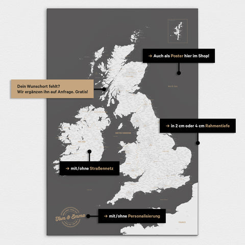 Vielfältige Konfigurationsmöglichkeiten einer England-Karte in Dunkelgrau