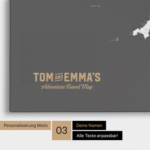 Mapa Anglii (Wielka Brytania) i Irlandii TRAVEL® Canvas z pinezkami – Ciemny szary