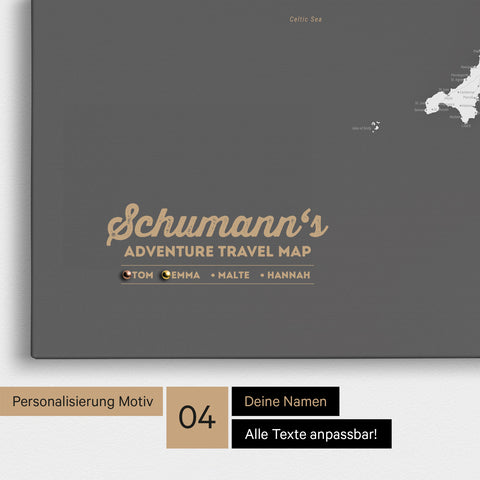 Mapa Anglii (Wielka Brytania) i Irlandii TRAVEL® Canvas z pinezkami – Ciemny szary