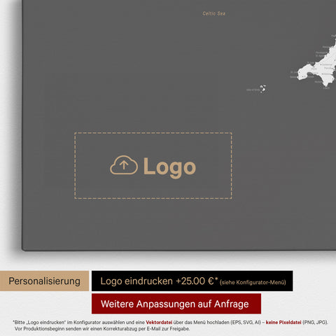 Mapa Anglii (Wielka Brytania) i Irlandii TRAVEL® Canvas z pinezkami – Ciemny szary