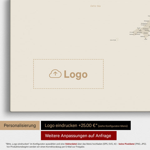 Mapa Anglii (Wielka Brytania) i Irlandii TRAVEL® Canvas z pinezkami – Złoty