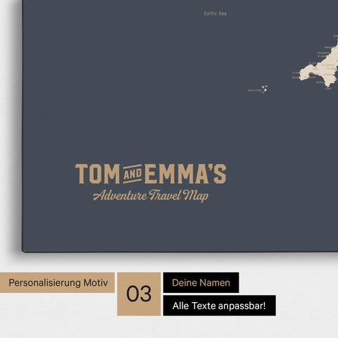 Mapa Anglii (Wielka Brytania) i Irlandii TRAVEL® Canvas z pinezkami – Hale Navy