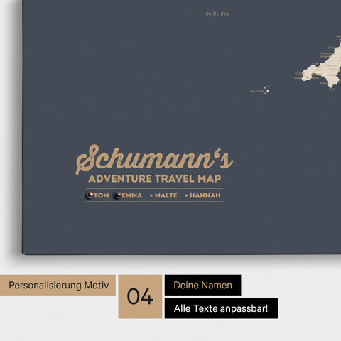Mapa Anglii (Wielka Brytania) i Irlandii TRAVEL® Canvas z pinezkami – Hale Navy