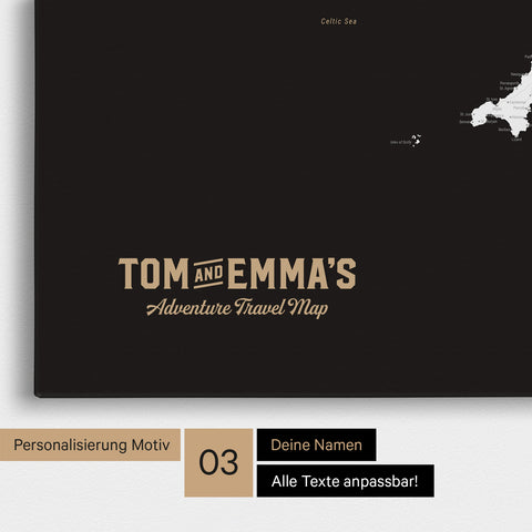 Mapa Anglii (Wielka Brytania) i Irlandii TRAVEL® Canvas z pinezkami – Głęboka czerń