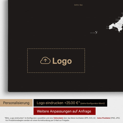 Mapa Anglii (Wielka Brytania) i Irlandii TRAVEL® Canvas z pinezkami – Głęboka czerń