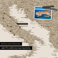 Modern Europe map in the color Desert Sand as a Push Pin Map shows a section of Italy, Croatia, and Greece, where already visited travel destinations are marked with pins